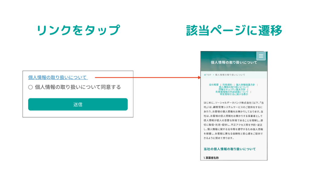 個人情報の取り扱いの同意前にリンクを確認できる