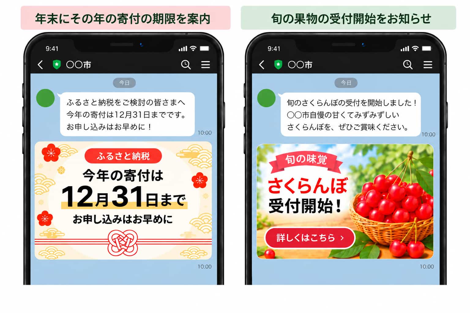 寄付期限や旬の返礼品の受付開始をLINEで知らせるイメージ